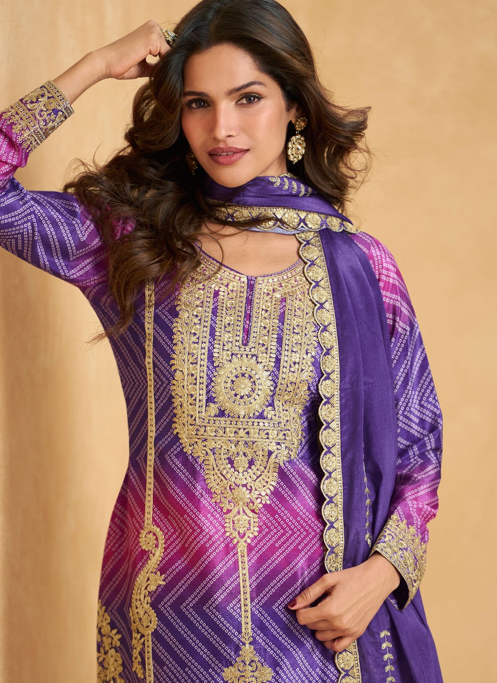Palazzo Suit Embroidered, Printed, Sequins, Zari Purple T8226