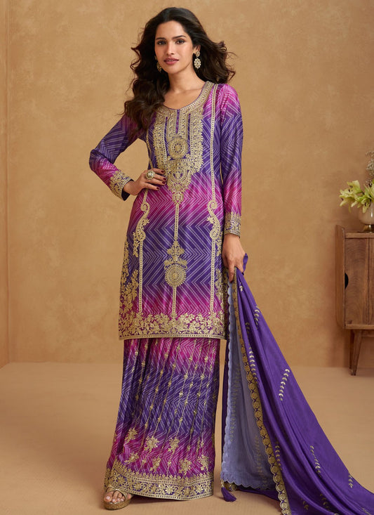 Palazzo Suit Embroidered, Printed, Sequins, Zari Purple T8226