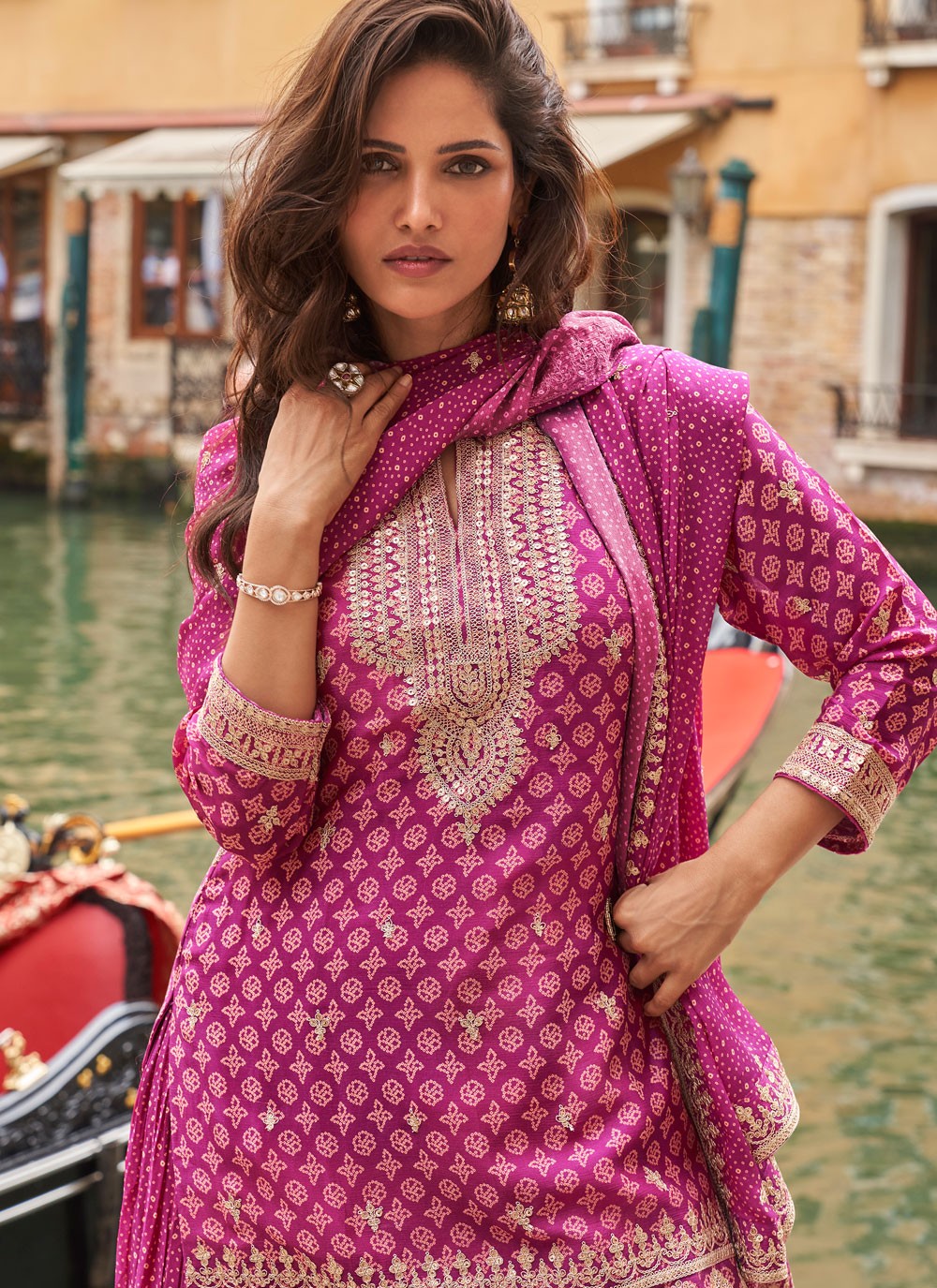 Palazzo Suit Embroidered, Printed, Sequins, Zari Fuchsia T8266