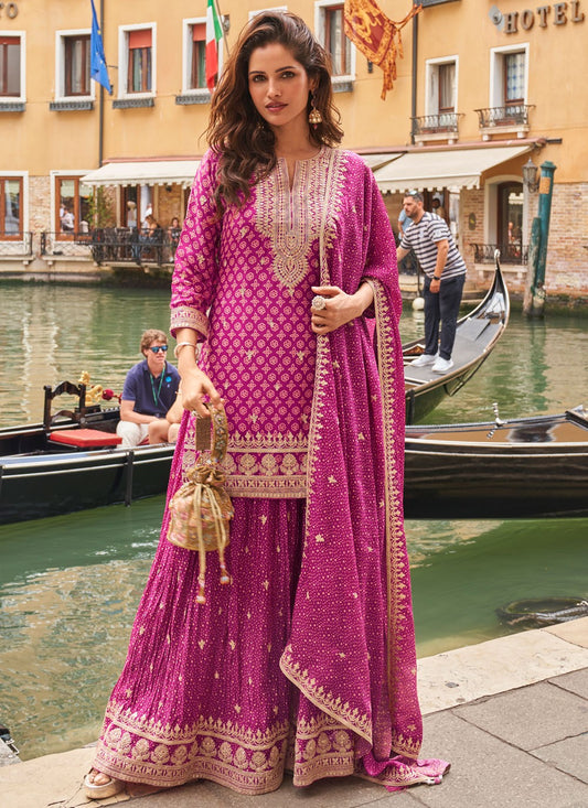 Palazzo Suit Embroidered, Printed, Sequins, Zari Fuchsia T8266