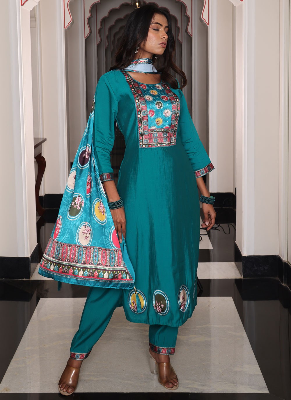 Salwar Suit Floral Printed Teal , Turquoise Shimmer T5668