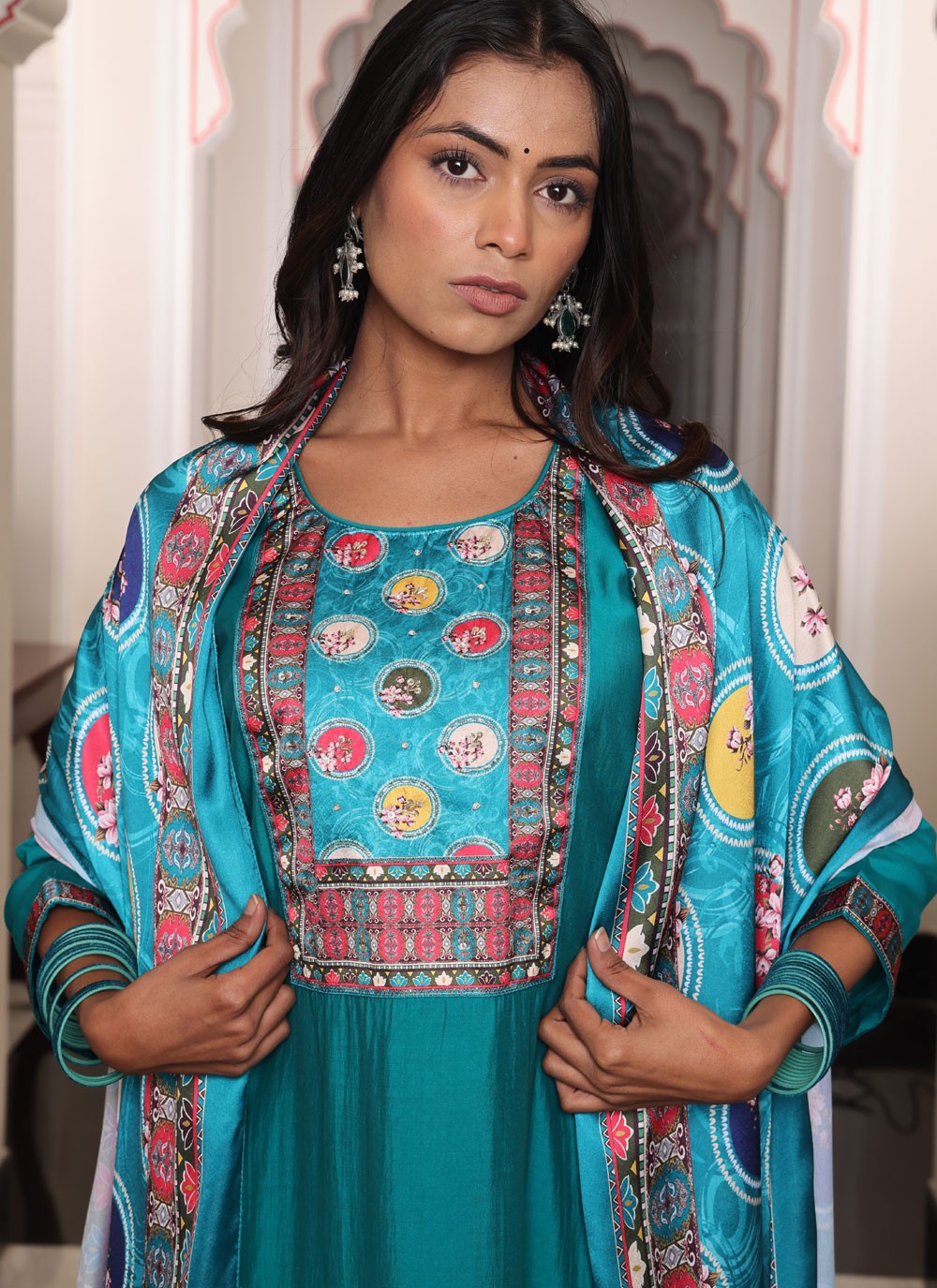 Salwar Suit Floral Printed Teal , Turquoise Shimmer T5668