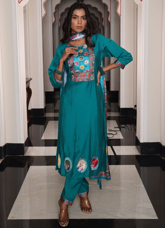 Salwar Suit Floral Printed Teal , Turquoise Shimmer T5668