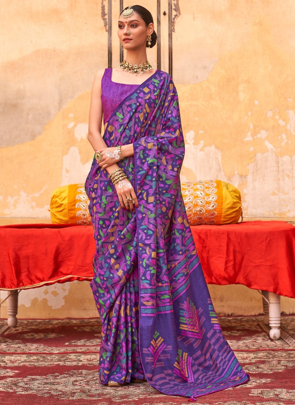 Fancy Work Silk Violet Saree S14768