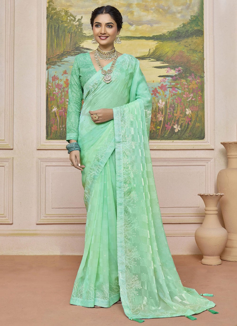 Sea Green Silk Contemporary Saree Printed S20249