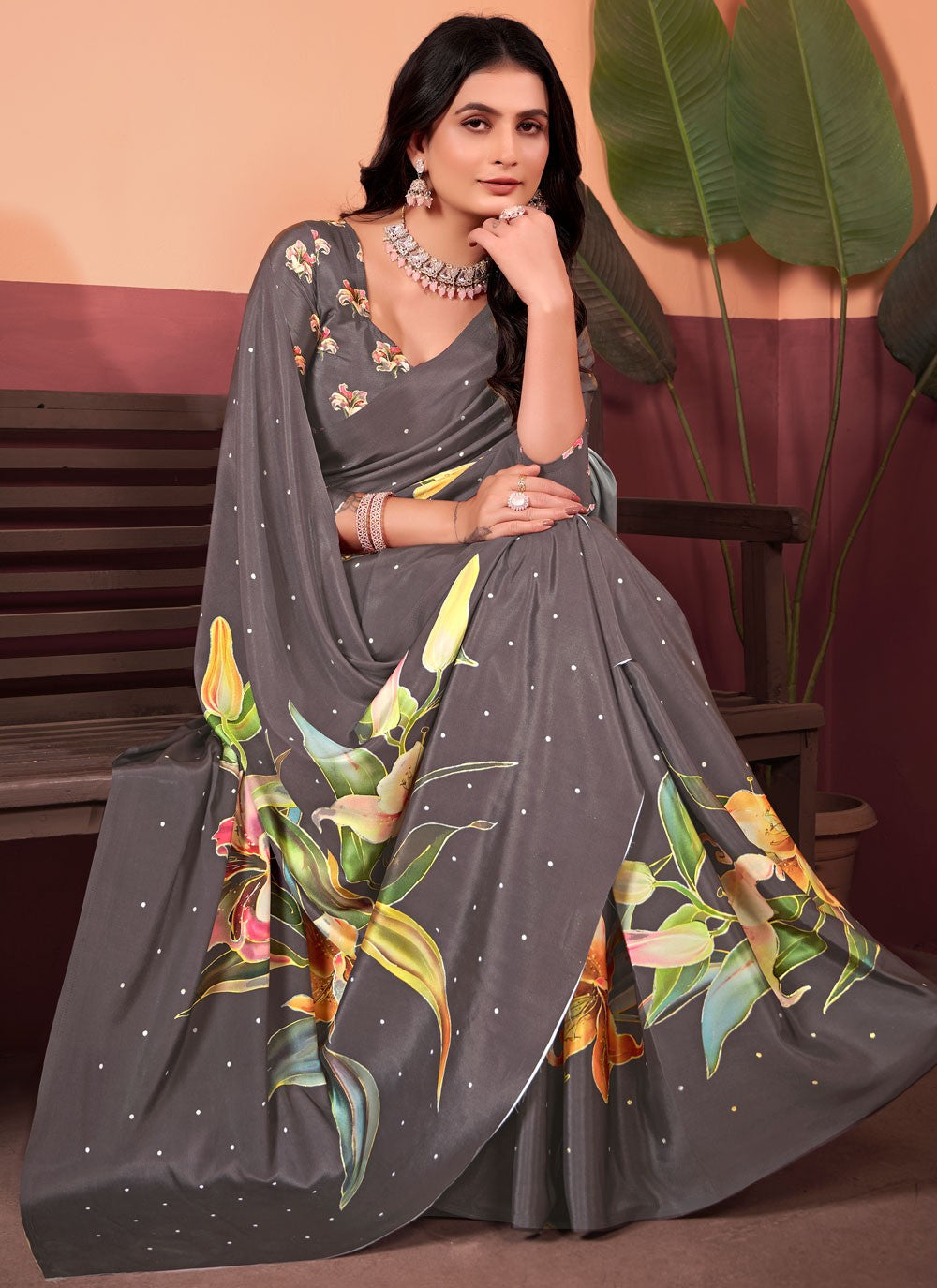 Floral Printed Silk Grey Saree S13983