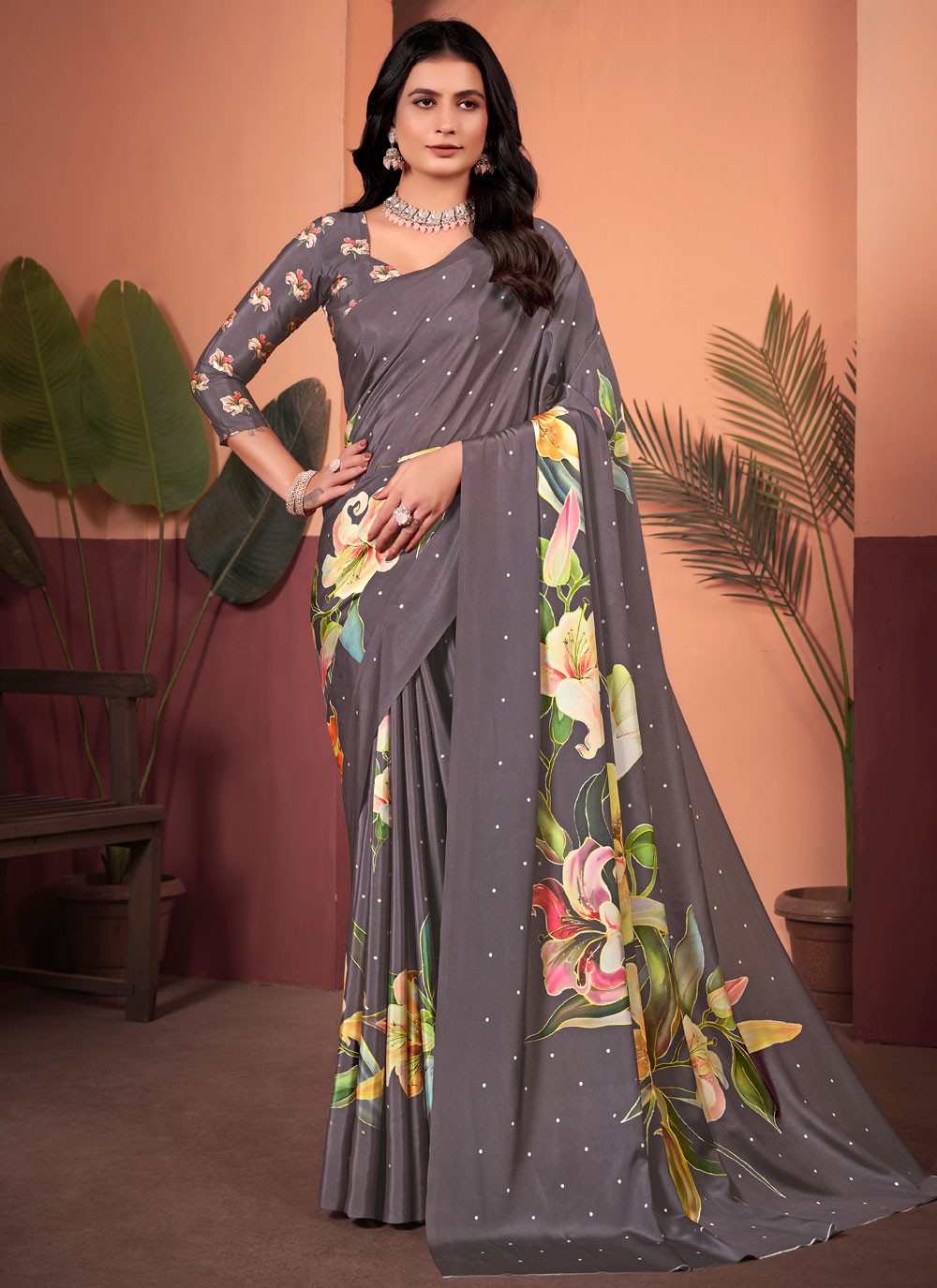 Floral Printed Silk Grey Saree S13745