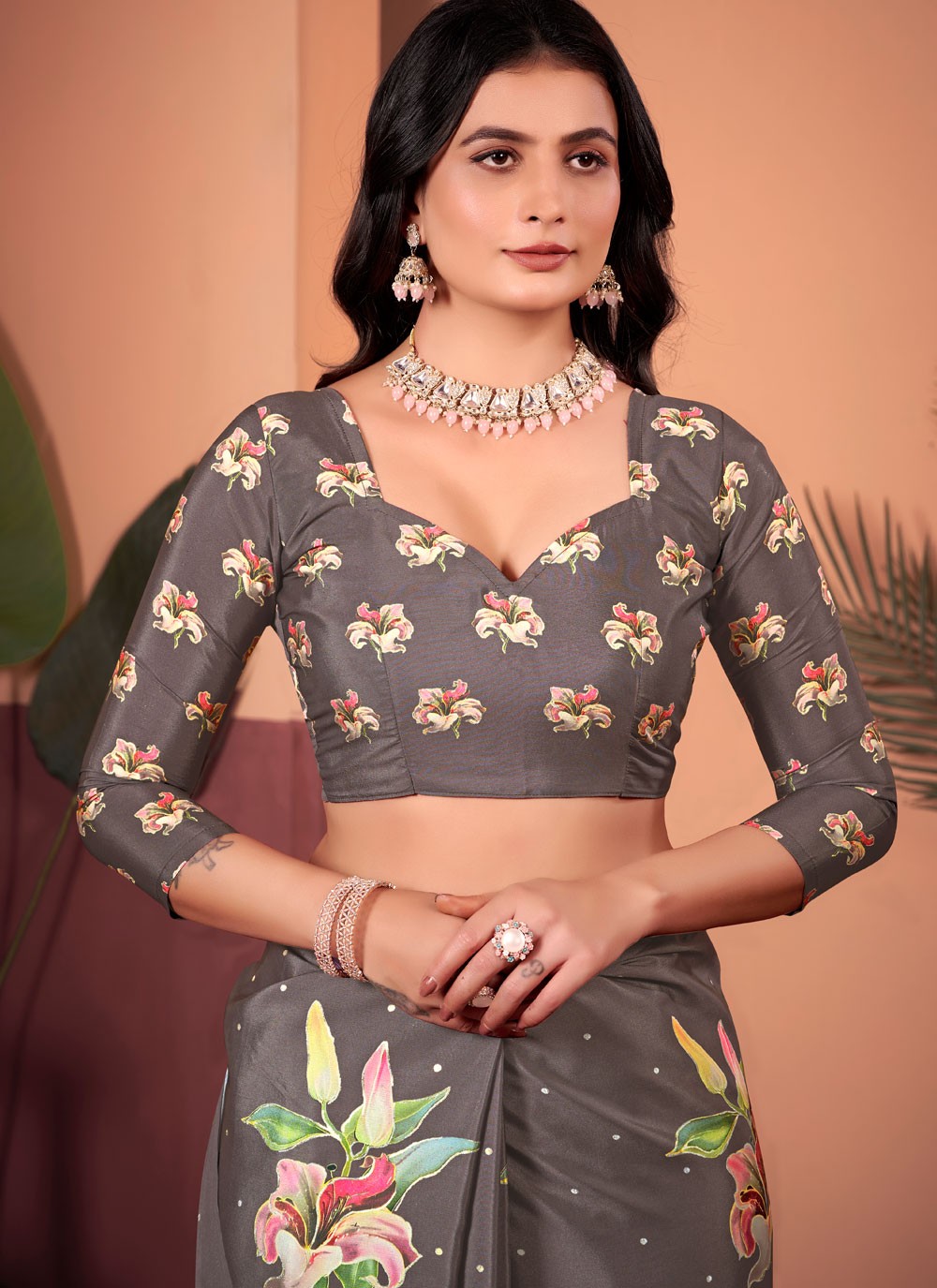 Floral Printed Silk Grey Saree S13745