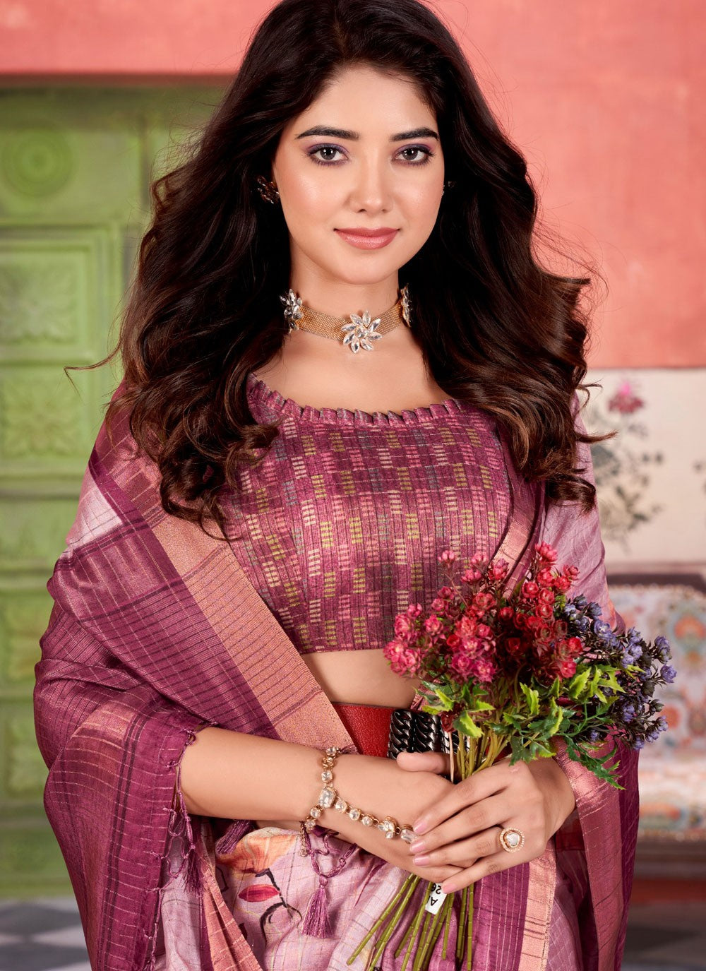 Checks Silk Purple Designer Saree S15624