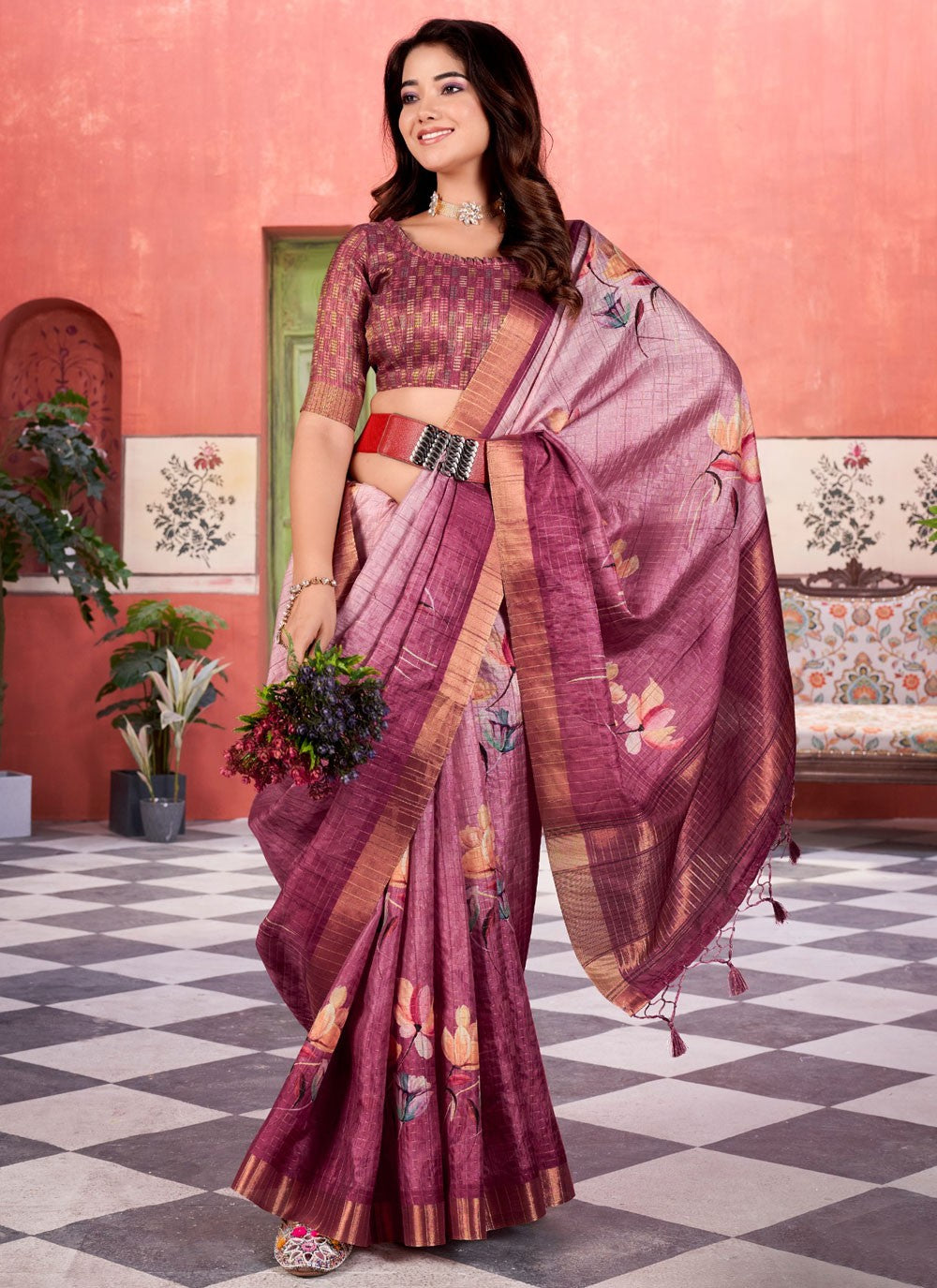 Checks Silk Purple Designer Saree S15624