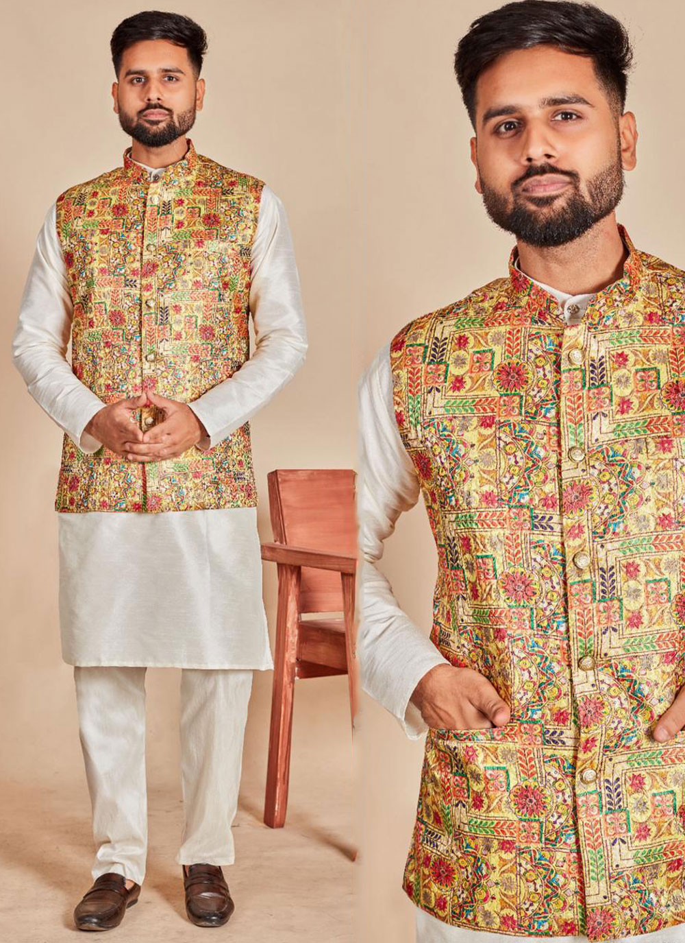 Plain Silk Multi Colour, Off White Kurta Payjama With Jacket - M6862