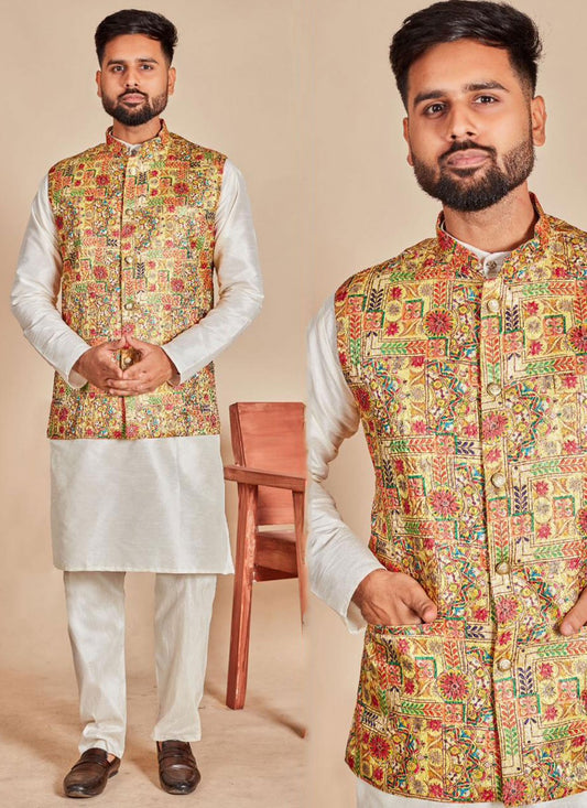 Plain Silk Multi Colour, Off White Kurta Payjama With Jacket - M6862