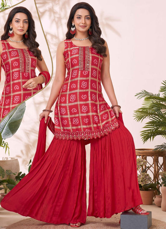 Palazzo Suit Embroidered, Printed, Thread Red T7782
