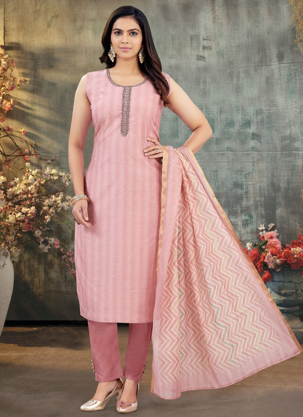 Pant Style Suit Embroidered, Printed Pink T7419