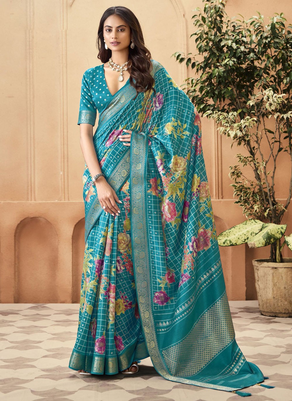 Firozi Silk Traditional Saree Printed, Weaving Zari S16293