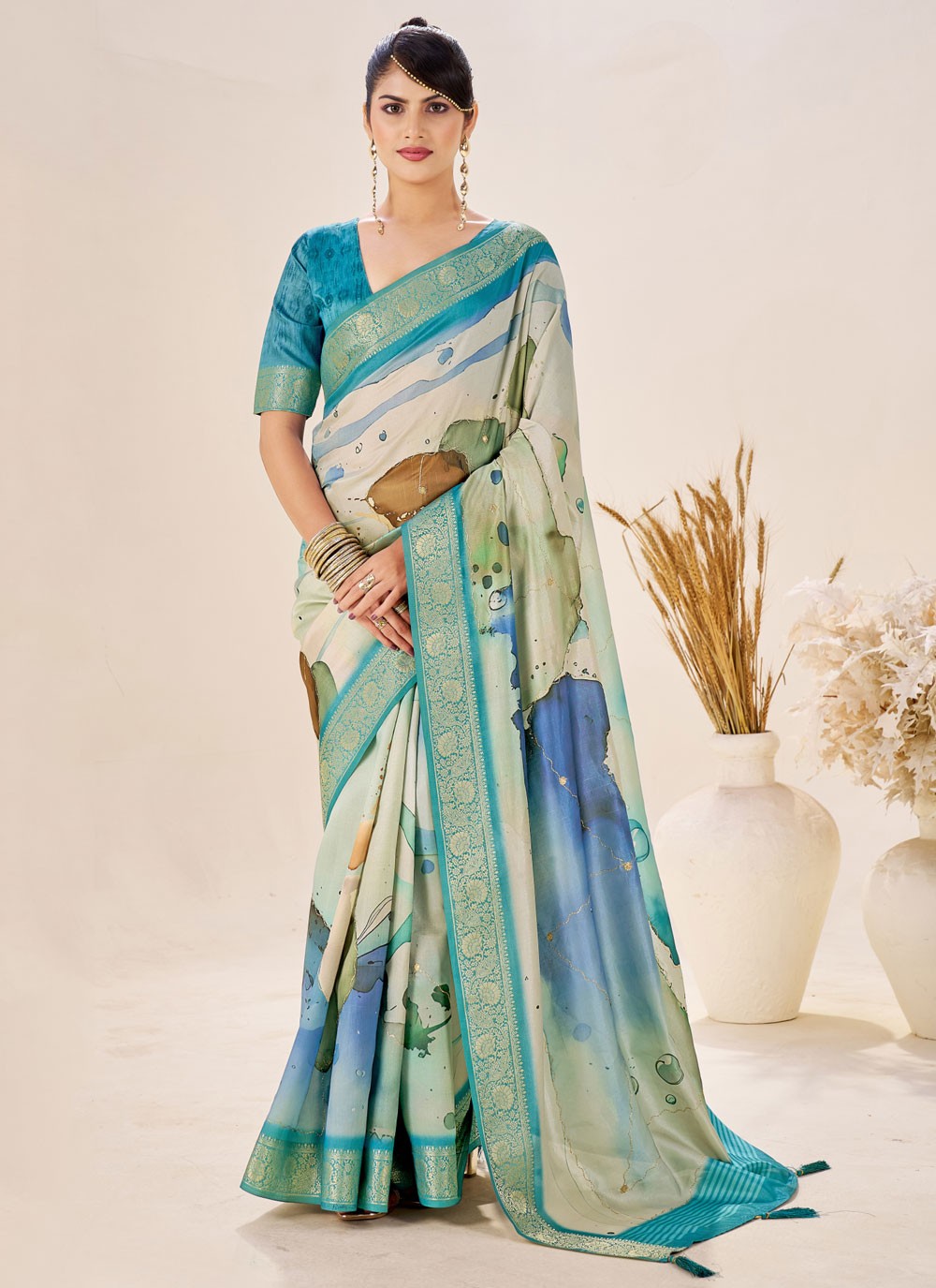 Blue Silk Traditional Saree Border Work, Fancy Work, Printed, Weaving Zari S19084