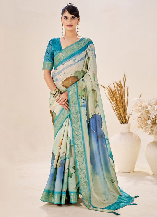 Blue Silk Traditional Saree Border Work, Fancy Work, Printed, Weaving Zari S19084