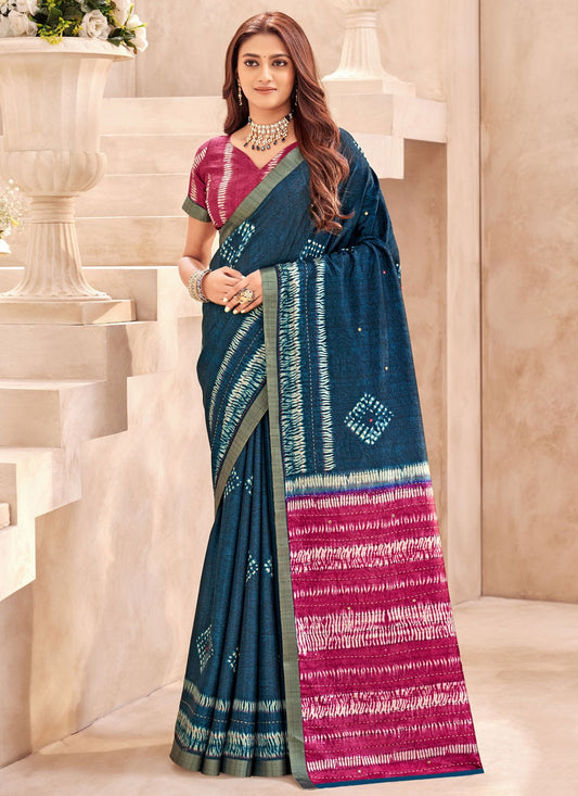 Teal Silk Traditional Saree Printed S19916