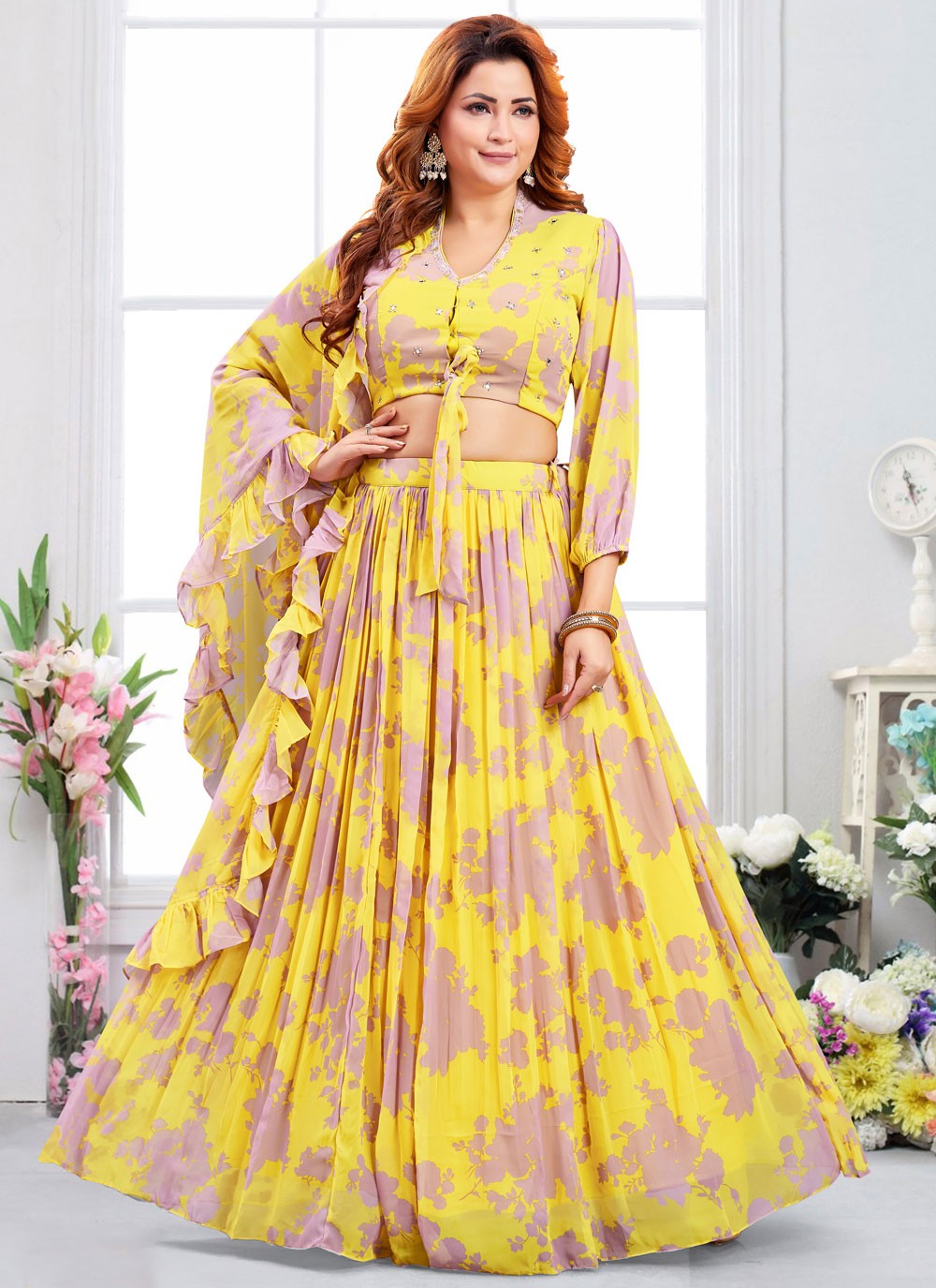 Printed Georgette Yellow Lehenga Choli L3484