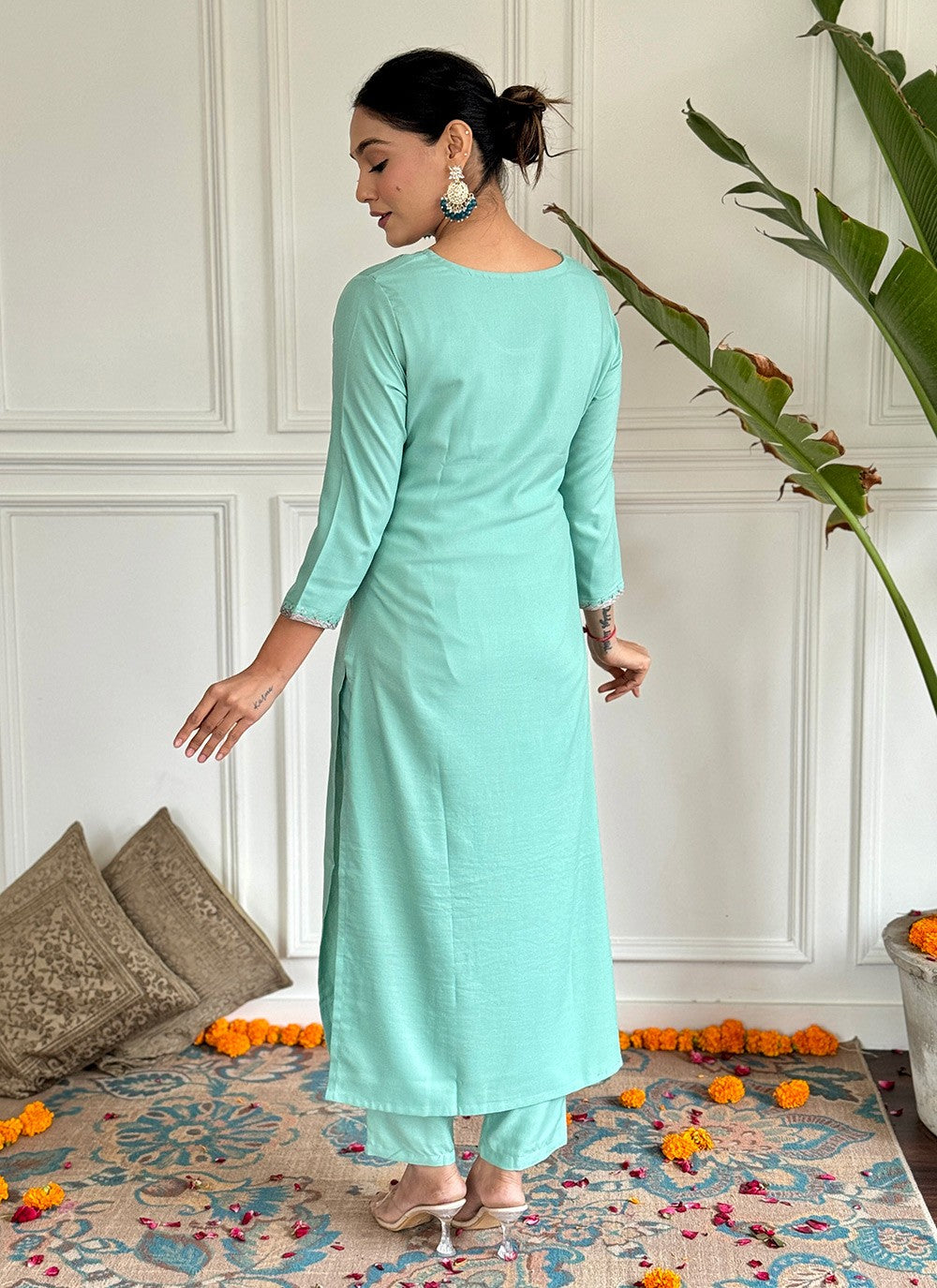 Salwar Suit Embroidered Aqua Blue Rayon T5018