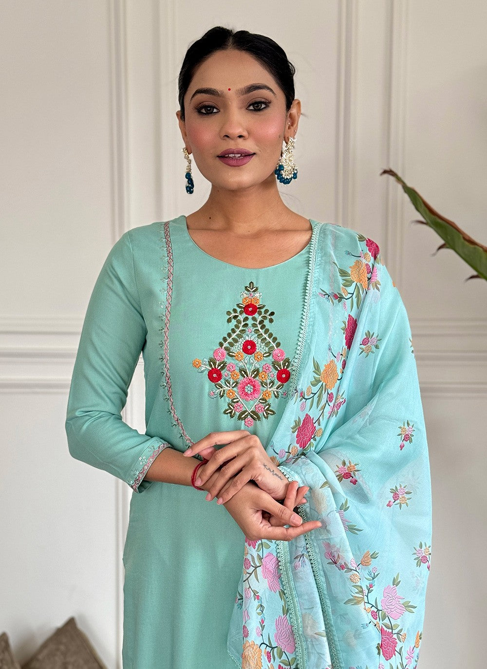 Salwar Suit Embroidered Aqua Blue Rayon T5018
