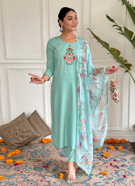 Salwar Suit Embroidered Aqua Blue Rayon T5018