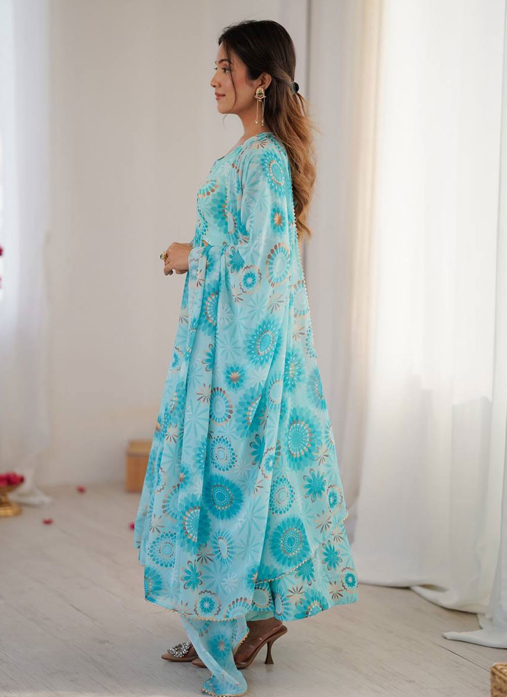 Anarkali Printed Aqua Blue T8626