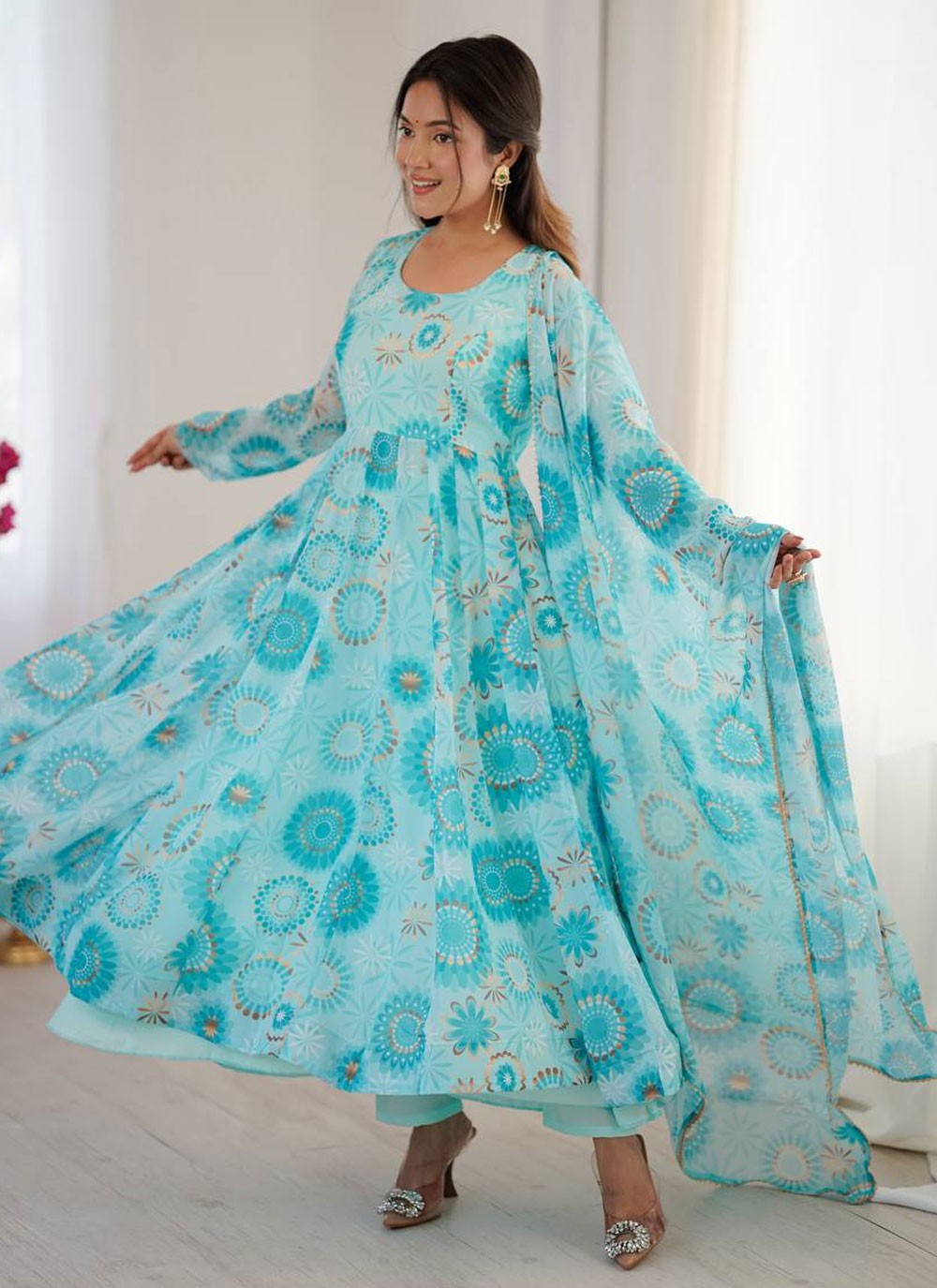 Anarkali Printed Aqua Blue T8626