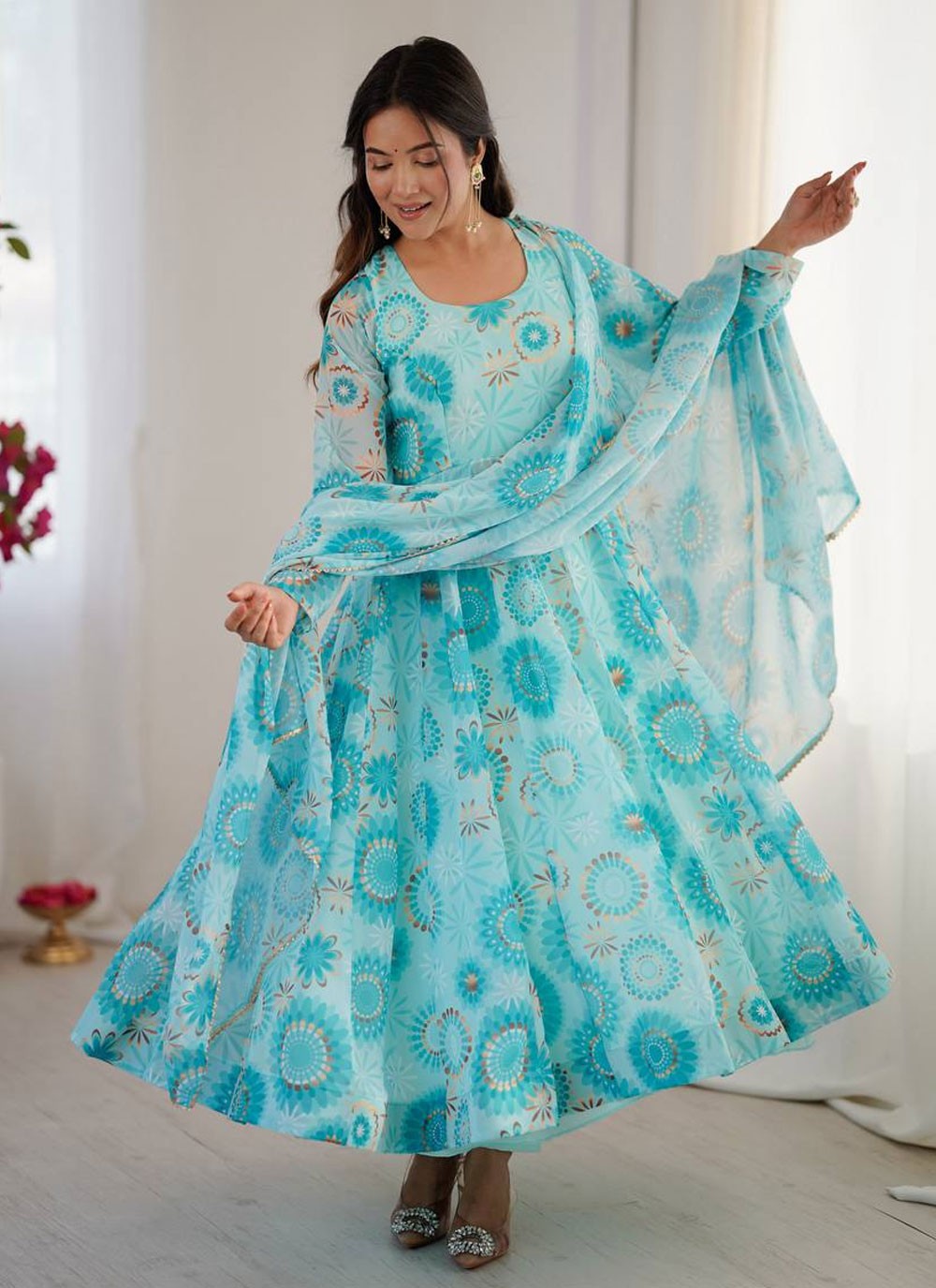 Anarkali Printed Aqua Blue T8626