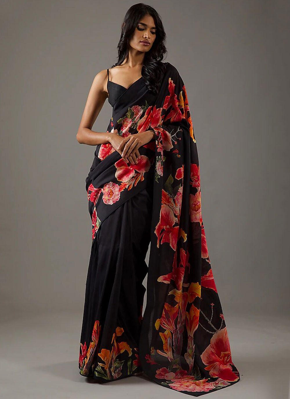 Classic Saree Printed Black Pure Crepe Saree S13571