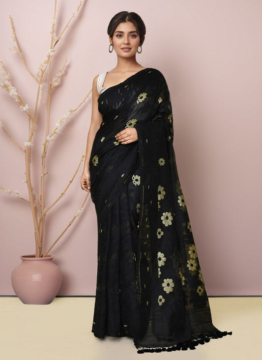 Black Blended Cotton Contemporary Saree Printed S19996