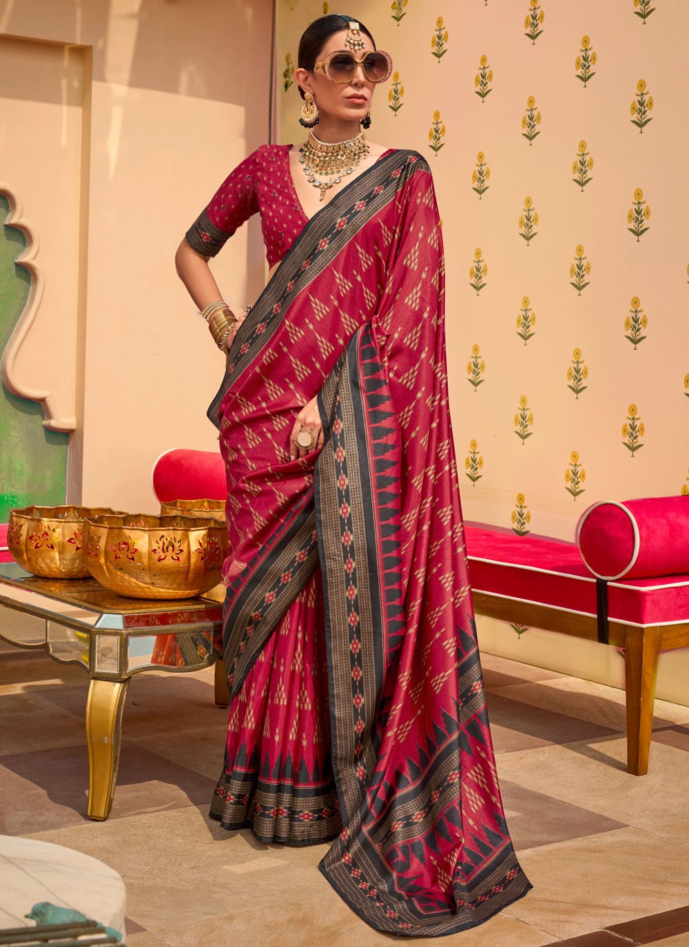 Classic Saree Printed Hot Pink, Maroon Silk S12417