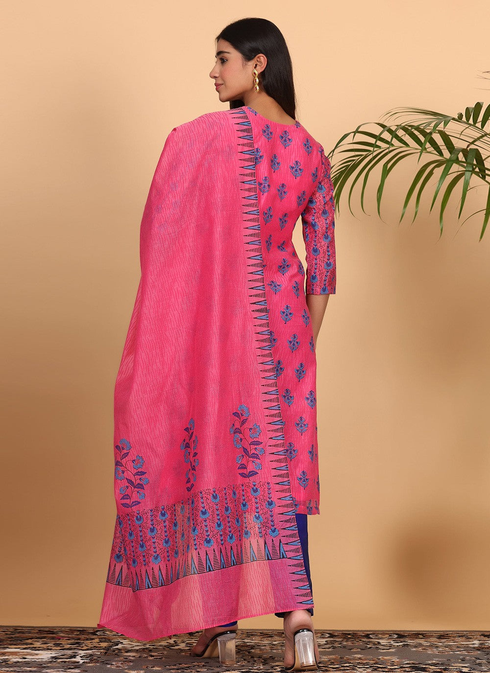 Printed Chanderi Pink Salwar Suit T5943