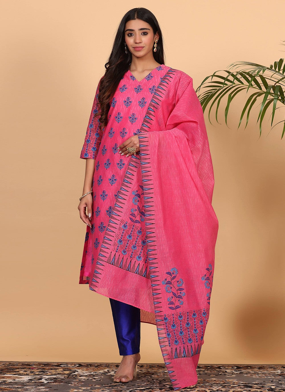 Printed Chanderi Pink Salwar Suit T5943