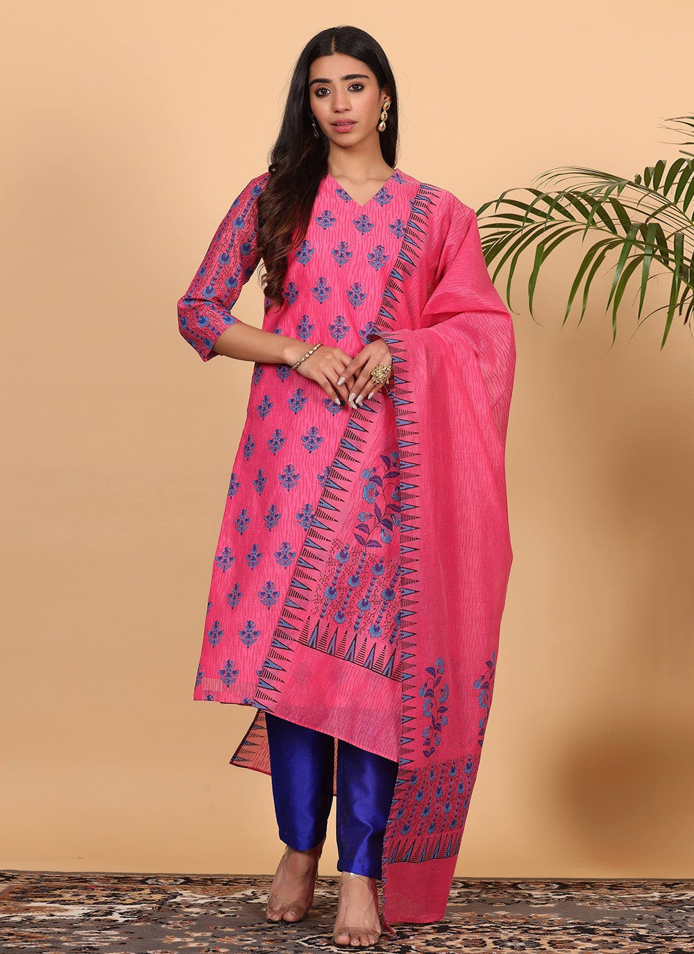 Printed Chanderi Pink Salwar Suit T5943