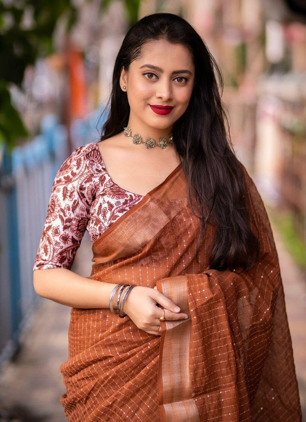 Contemporary Printed Linen Saree - S5771