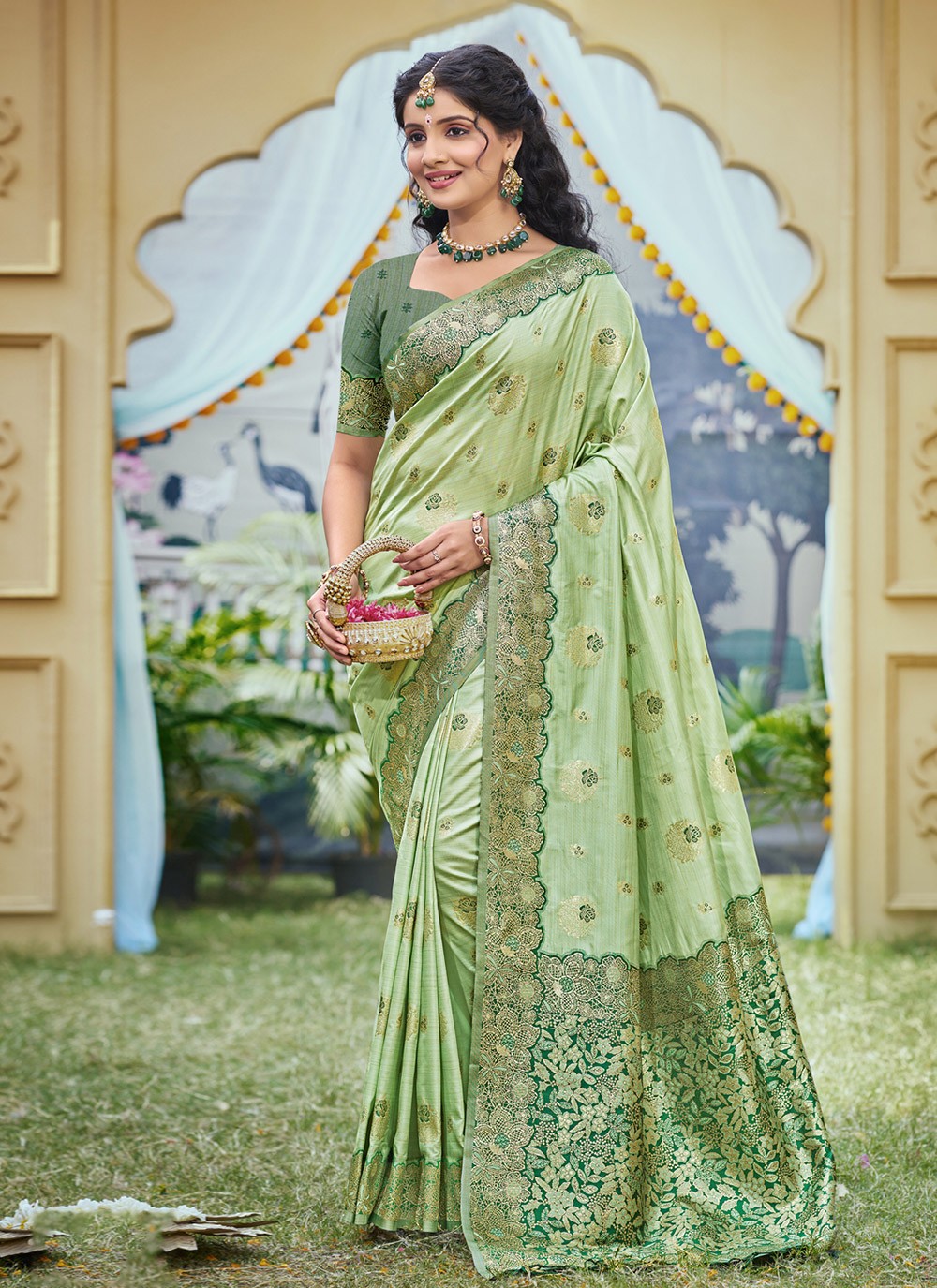 Contemporary Printed Green Banarasi Silk Saree S12736