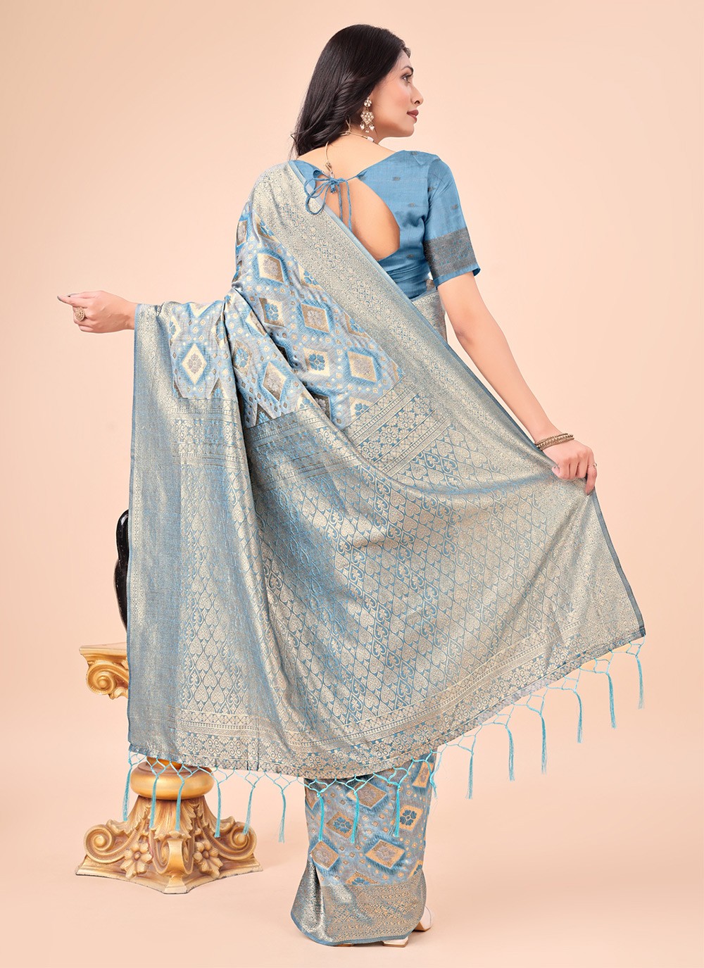 Printed Cotton Aqua Blue Contemporary Saree S15172