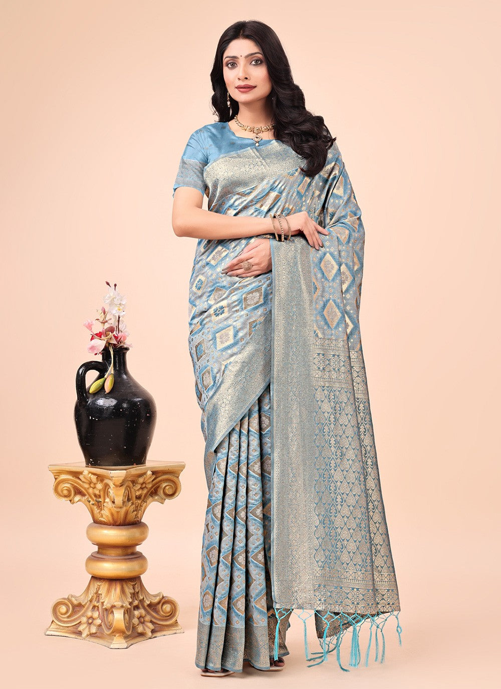 Printed Cotton Aqua Blue Contemporary Saree S15172
