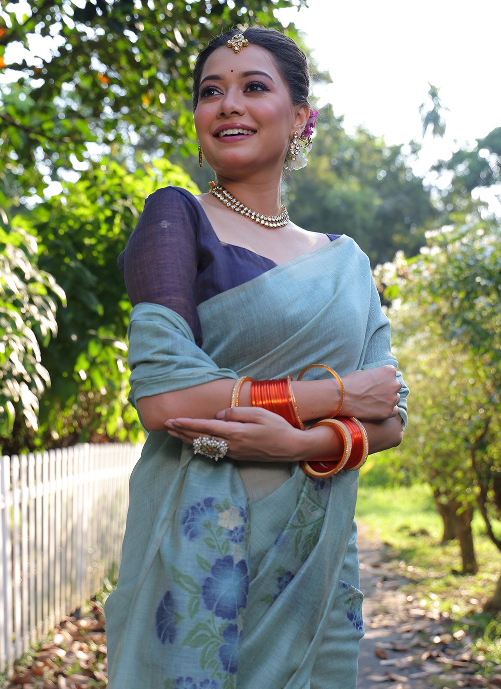 Printed Cotton Aqua Blue Saree S14049