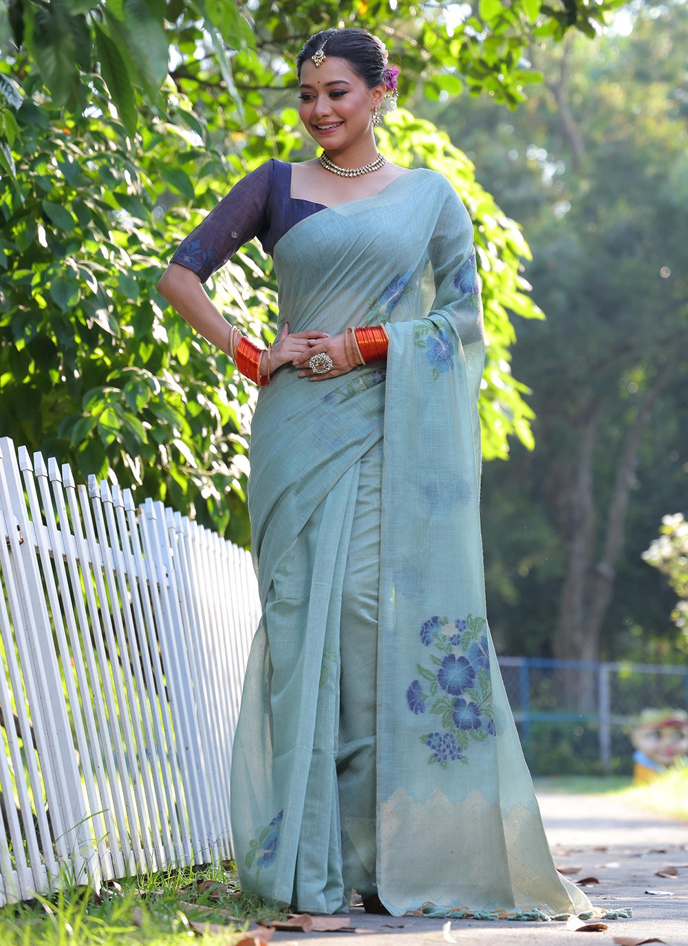 Printed Cotton Aqua Blue Saree S14049