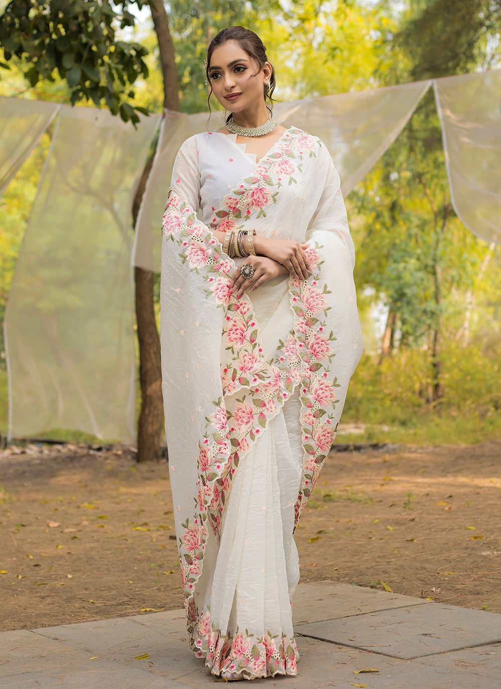 Classic Saree Printed White Crush S12551