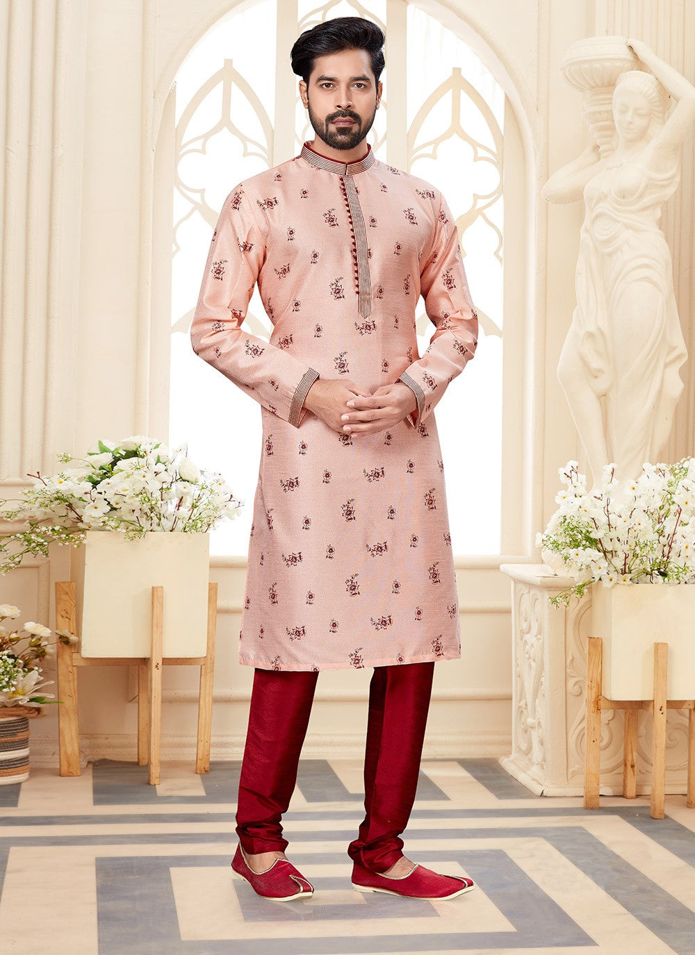 Printed Dupion Silk Pink Kurta - M5596