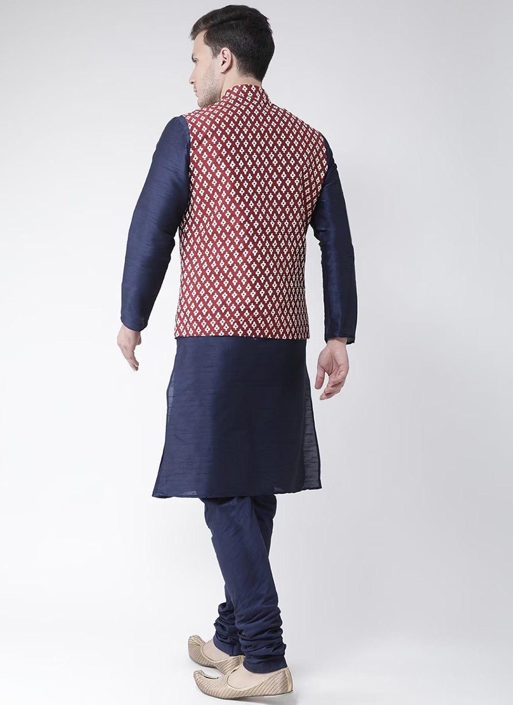 Printed Dupion Silk Maroon, Navy Blue Kurta Payjama With Jacket - M6277