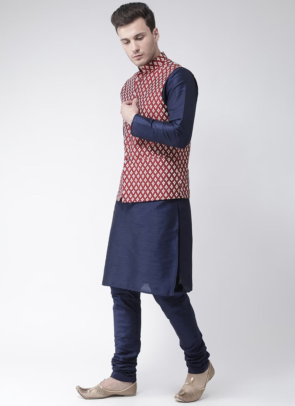 Printed Dupion Silk Maroon, Navy Blue Kurta Payjama With Jacket - M6277