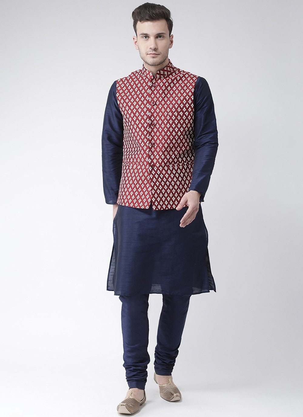 Printed Dupion Silk Maroon, Navy Blue Kurta Payjama With Jacket - M6277