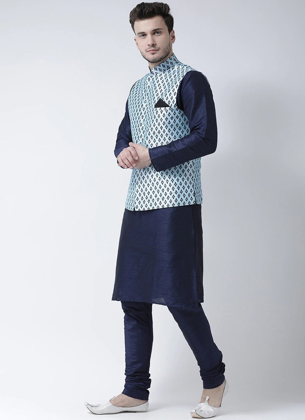 Printed Dupion Silk Navy Blue, Turquoise Kurta Payjama With Jacket - M6276