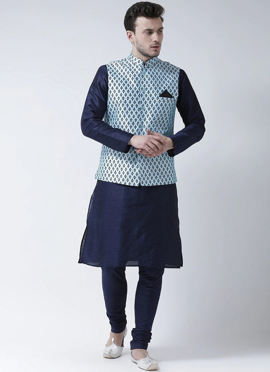 Printed Dupion Silk Navy Blue, Turquoise Kurta Payjama With Jacket - M6276