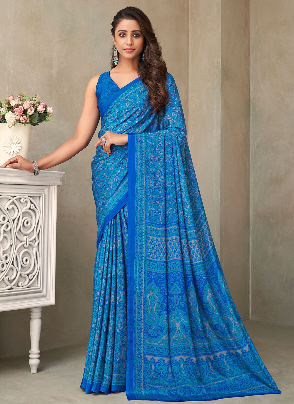 Classic Printed Faux Crepe, Silk Saree - S2605