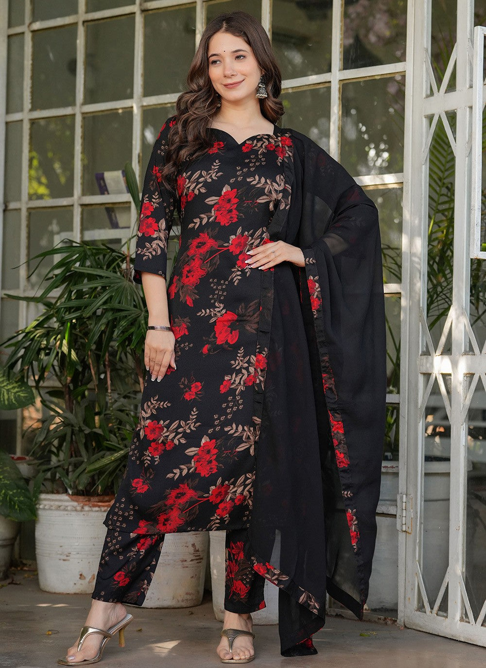 Printed Satin Blend Black Pant Style Suit T6096